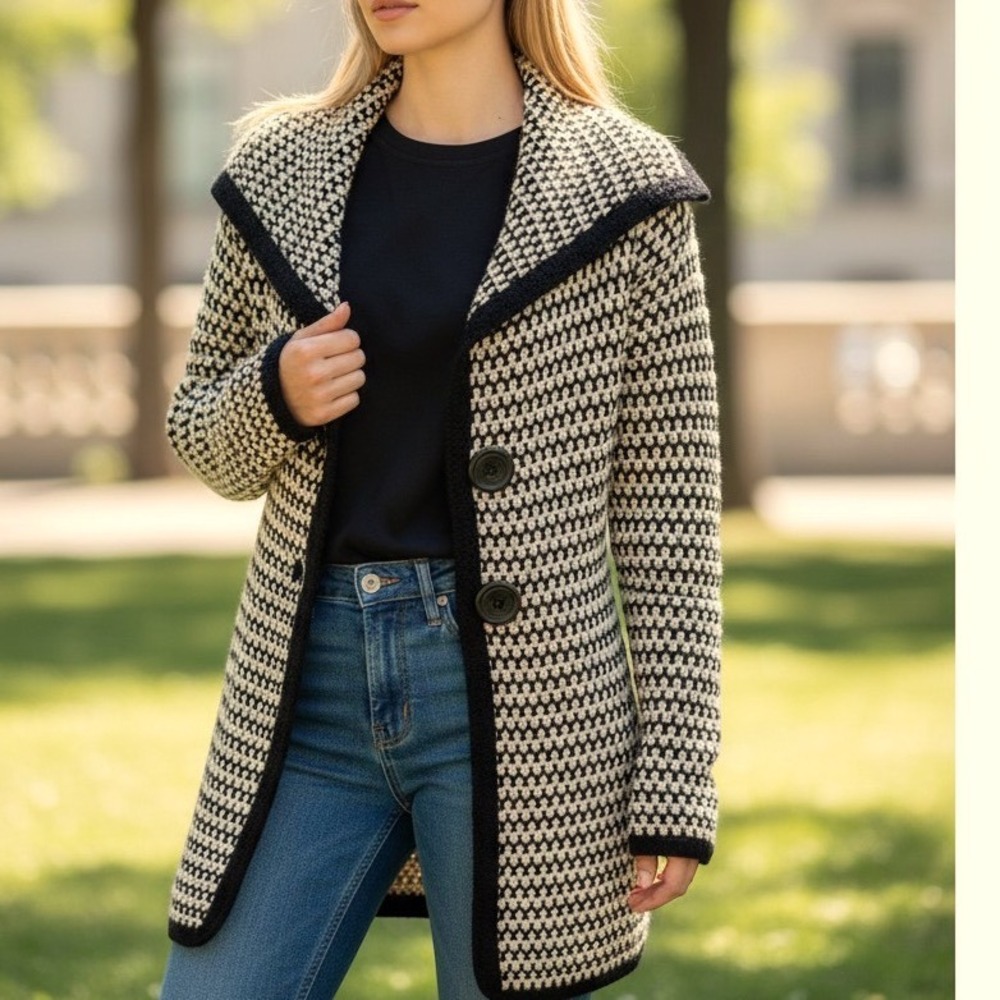 Free People Black Cream Buttoned Down Cardigan Sweater Wool Blend Women Small